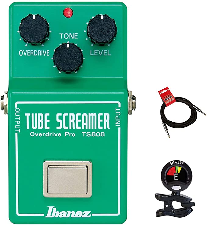 Ibanez TS808 Original Tube Screamer Overdrive Distortion Guitar Effects Pedal with Tone Overdrive and Level Controls with Clip on Guitar Tuner and Instrument Cable