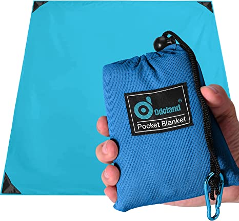 Odoland Pocket Blanket Picnic Blanket, 71" x 63" SandProof Waterproof Outdoor Beach Blanket with Portable Bag, Foldable Lightweight Sand Free Quick Drying Beach Mat for Hiking Camping Travel, Blue