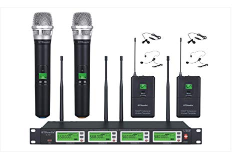GTD Audio 4x800 Selectable Frequency Channels UHF Diversity Wireless Hand-held/Lavalier/Lapel/Headset Microphone Mic System 787 (2 Handheld & 2 Lavalier)