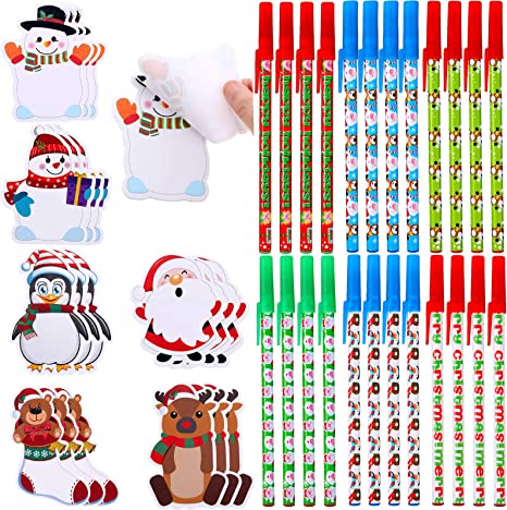 18 Pieces Christmas Notepad Set Snowman Notepads Christmas Post Notes with 24 Pieces Ballpoint Pens Christmas Characters Self-Stick Notes Sticky Memo Pads for Work Study