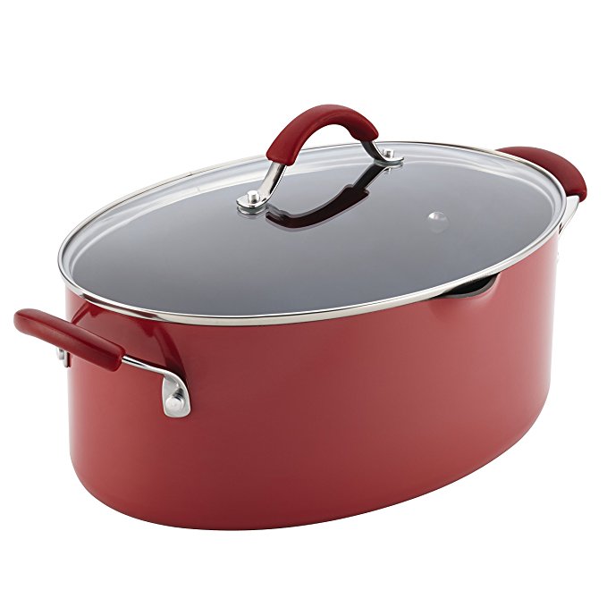 Rachael Ray Cucina Hard Porcelain Enamel Nonstick Pasta Pot, Covered Oval with Spout, 8-Quart, Cranberry Red