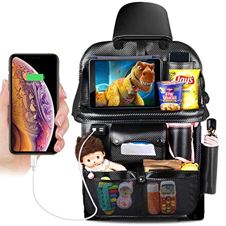 DRIVIM Car Backseat Organizer, Multifunctional Premium PU Leather Travel Car Storage Bag with Foldable Tray, iPad Phone Umbrella Bag, Tissue Box, 3 Mesh Bags, 1 Large Bag 4-USB Port, etc (Black)