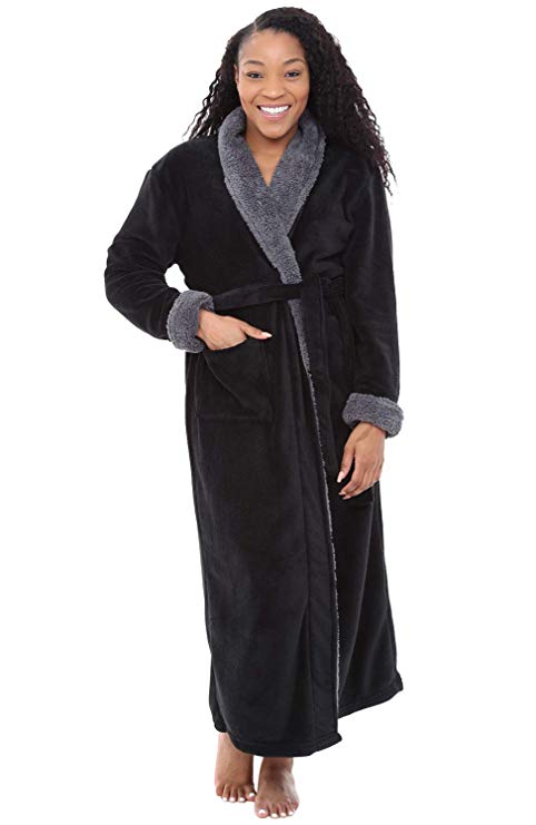 Alexander Del Rossa Women's Warm Fleece Robe, Long Plush Sherpa Contrast Bathrobe