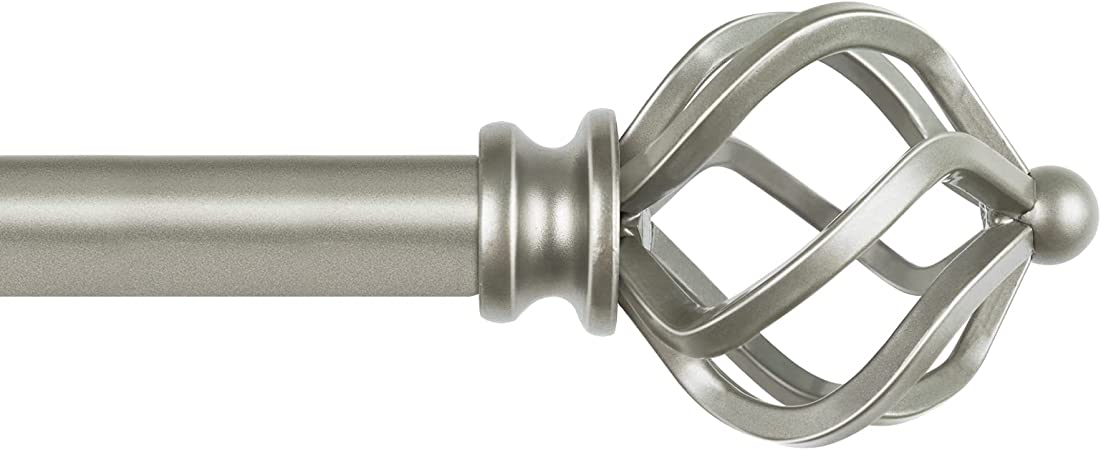 KAMANINA 3/4 Inch Curtain Rod Single Window Rod 48 to 86 Inches (4-7.2 Feet), Twisted Cage Finial, Antique Sliver