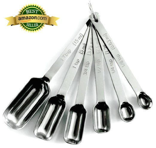 Narrow Stainless Steel Measuring Spoons 6 piece set Chef Quality and Commercial Durability - Koem