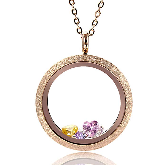 EVERLEAD Round Rose Gold Parkle Glass Floating Locket 316L Stainless Steel Newest 25mm 30mm Including Chains Colorfull Zircon
