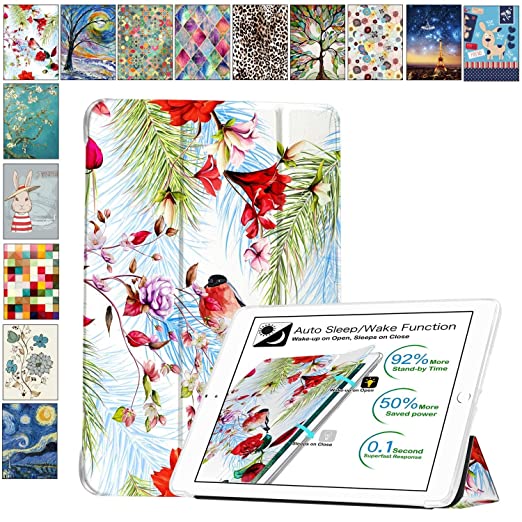 DuraSafe Cases for iPad 10.2 Inch 9 8 7 2021 2020 2019 [ iPad 9th / 8th / 7th Gen ] A2197 A2270 A2602 Printed Smart Trifold Lightweight Soft Silicone Transparent Front & Back Cover - Birds & Flowers