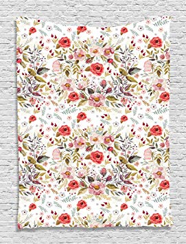 Ambesonne Flower Tapestry Romantic Decor, Romantic Floral Roses and Flowers Bud Leaves Style Spring Design, Bedroom Living Room Dorm Wall Hanging Tapestry, 60 X 80 Inches, Pink Red Grey Green