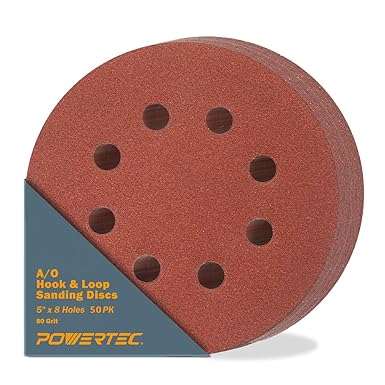 POWERTEC 45008-P2 5 Inch 8 Hole Hook and Loop Sanding Discs, 80 Grit, 50 PK, Sandpaper for Random Orbital Sanders