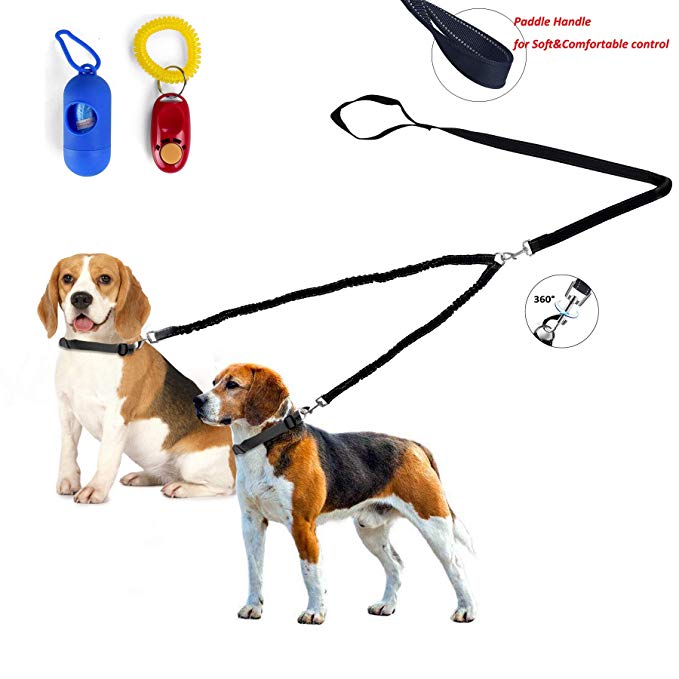 Fuzzymoo Double Dog Leash, 360° Swivel Durable Dual Dog Leash Coupler No Tangle, Shock Absorbing Reflective Bungee Training Dog Leash for 2 Small/Midium/Large Dogs