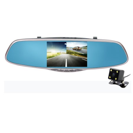 Carsun Full HD 1080P with 5" IPS Screen, Dual Lens Car Camera,Rearview Mirror Design,Reverse Parking System