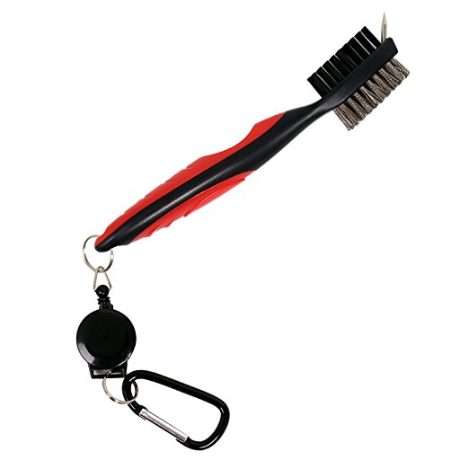 Sportsun Golf Brush and Club Groove Cleaner with 2ft Retractable Zip-Line, Lightweight with Ergonomic Design, Easily Attaches to Golf Bag, Red Color