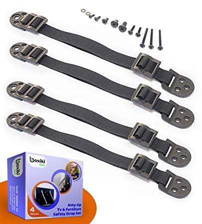Heavy Duty Anti-Tip Furniture Straps Set for Child Proofing (4 Pieces) by Boxiki Kids. Adjustable Home Safety TV Wall Anchor and Earthquake Tipping Restraint Straps. (Black)