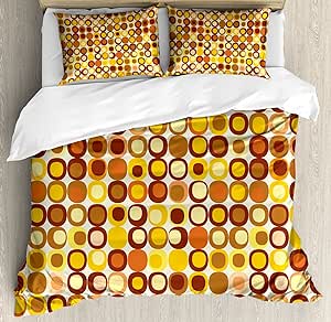 Ambesonne Mid Century Duvet Cover Set, Retro-Themed Styled Round Edged Square Pattern in Old Earth Tones, Decorative 3 Piece Bedding Set with 2 Pillow Shams, King Size, Yellow Brown