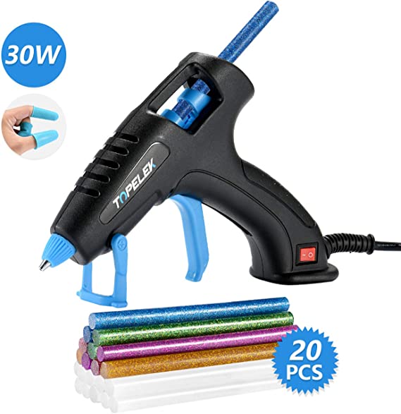 TOPELEK Hot Glue Gun, 30W Glue Gun Kit with Longer Handle, 3 Finger Protectors, 20pcs Glue Sticks, Melting Gun for Small DIY Projects, Arts & Crafts, Home Quick Repairs, Black