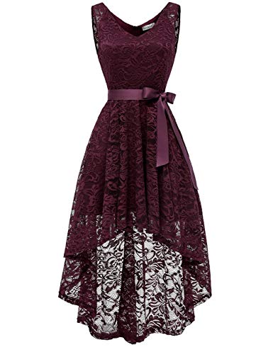 BeryLove Women's Floral Lace Hi-Lo Bridesmaid Dress V Neck Cocktail Formal Swing Dress