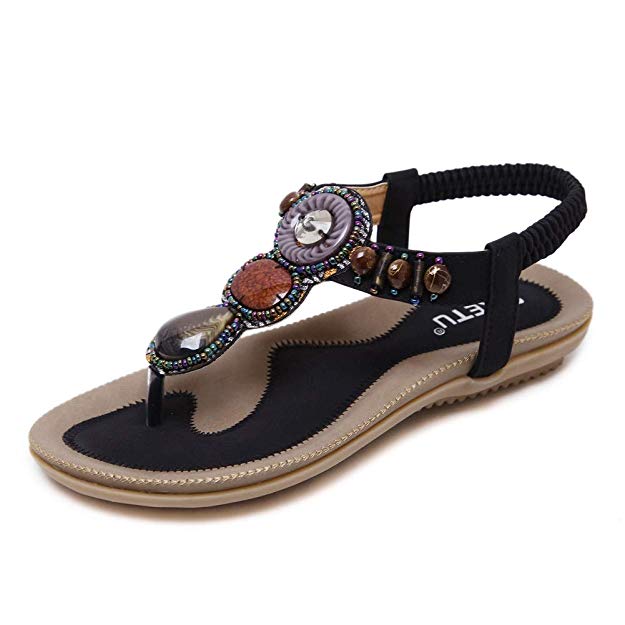 SHIBEVER Summer Flat Gladiator Sandals for Women Comfortable Casual Beach Shoes Platform Bohemian Beaded Flip Flops Sandals