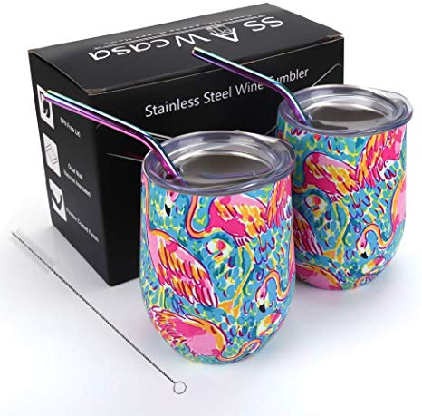 Insulated Wine Tumbler,2 Pack 12oz Unbreakable Stemless Wine Glasses with Lid and Straw,Stainless Steel Wine Mug Cup for Champagne,Cocktail,Coffee,Drinks,Gift for Christmas Thanksgiving Day (Flamingo)