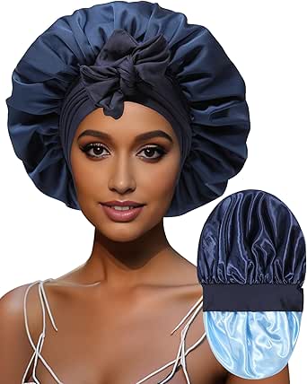 Large Satin Bonnet Silk Bonnet for Sleeping Women Curly Hair Bonnet with Tie Band Reversible Double Layer Bonnet Sleep Cap