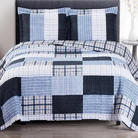 Cottage Coastal Coverlet Quilt Shams Set Oversized King/Cal King Size Navy Ice Blue Gray Plaid Stripe Patchwork Print Pattern Lightweight Reversible Wrinkle Free Hypoallergenic 3 Piece Bedding