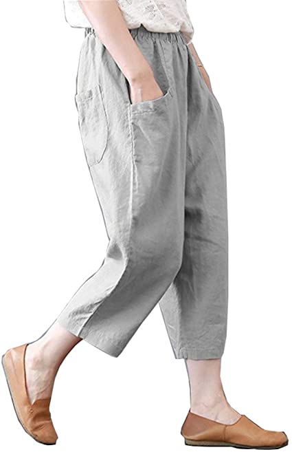 Helisopus Womens Baggy Casual Trousers Cotton Linen Loose Harlan Pants Elastic Waist