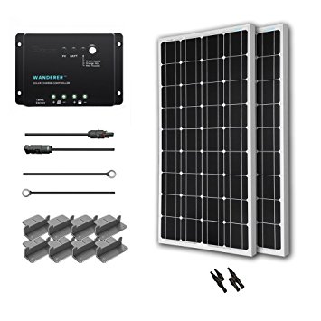 Renogy 200 Watts 12 Volts Monocrystalline Solar Starter Kit Off Grid Solar Panel Kit: 2 Pcs 100W Mono Solar Panel, 30Amp PWM Charge Controller, 6 Meter 2.5MM MC4 Adaptor Kit, 2.5 Meter 2.5MM Tray Cable, 2 Set of Z-brackets for RV Boat Motorhome Caravan Camper and Battery Charger