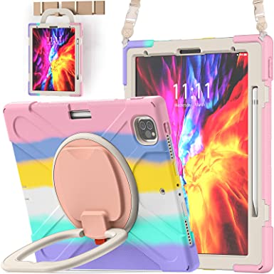 BATYUE iPad Pro 12.9 2021 Case,[Rugged] [Heavy Duty]iPad Pro 12.9 5th Generation Case with 360° Swivel Stand/ Handle Grip/ Shoulder Strap/ Wireless Apple Pencil Charging Pencil Holder - Colourful Pink