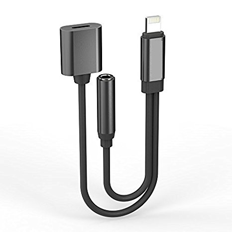 2 in 1 Lightning Adapter iPhone 7 [1-Pack], iPhone Splitter, 2-Port Lightning Headphone Audio and Charger Adapter for iPhone 7/7 Plus (Black)