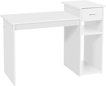 Yaheetech White Compact Computer Desk Study Writing Table Workstation with Drawer and Shelf for Small Spaces Home Office Furniture