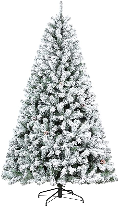 Hykolity 7.5 ft Snow Flocked Artificial Christmas Tree with Pine Cones, 1446 Tips, Metal Stand and Hinged Branches