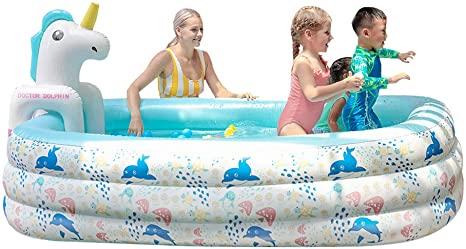 Doctor Dolphin Inflatable Pool for Kids, 94.5" X 65" X 24" Pool with Unicorn Spray, Lounge Blow up Pool for Kiddie Ball Pit