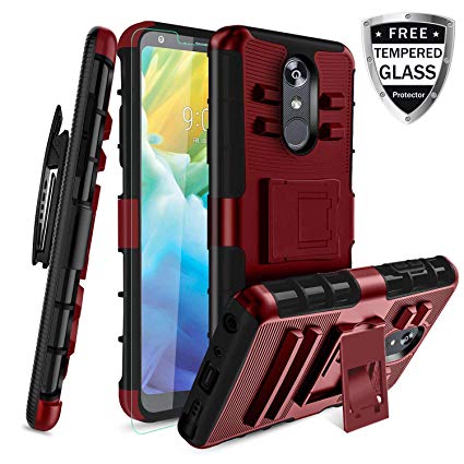 LG Stylo 4 Case, Stylo 4 Plus Case W/[Tempered Glass Screen Protector] Built-in Kickstand Full-Body Shockproof PC Back &Soft TPU Inner Armor Swivel Belt Clip Holster Heavy Duty Protective Case,PC-Red