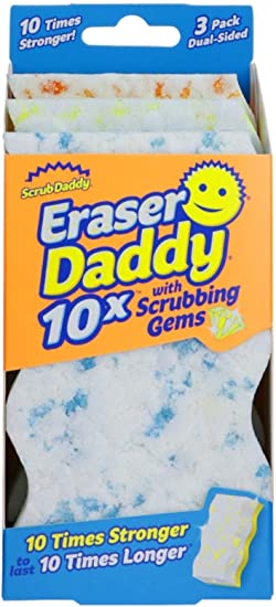 Scrub Daddy Eraser Daddy 10x with Scrubbing Gems - Dual Sided Water Activated Scrubber & Eraser, Durable, FlexTexture, Soft in Warm Water, Firm in Cold, Multisurface, Deep Cleaning, Easy Grip, 3ct