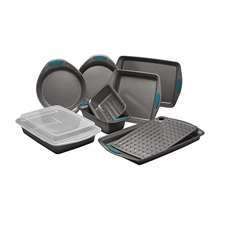 Rachael Ray Yum-o! Nonstick Bakeware 10-Piece Oven Lovin' Bakeware Set, Gray with Marine Blue Handles