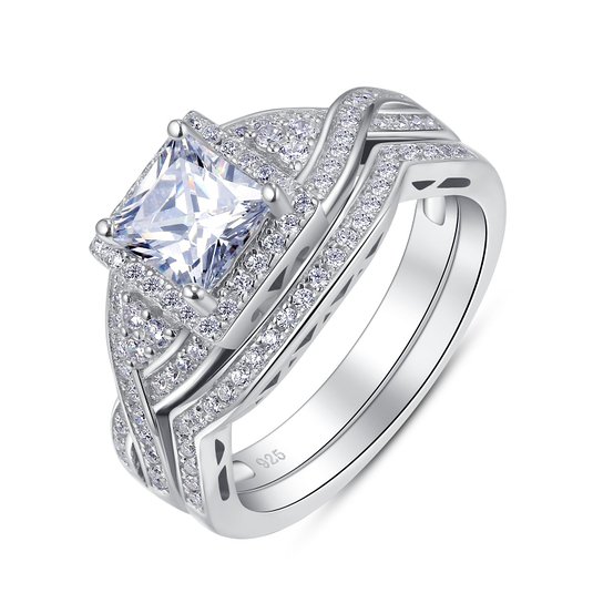 Sterling Silver 2 Pieces Princess Cut Cubic Zirconia Cross Shank Bridal Engagement Wedding Halo Ring Set