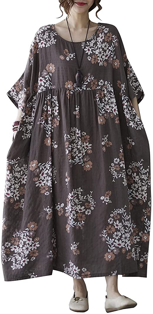 romacci Women Cotton Linen Floral Dress Pocket High Waist Loose Casual Maxi Dress