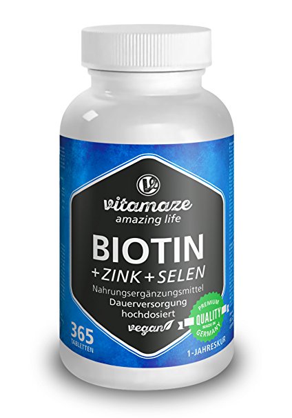 Biotin Hair Growth Supplement, 365 Tablets: 10000mcg Biotin   Zinc   Selenium for healthy Skin, Hair and Nails, Full Year Supply by Vitamaze