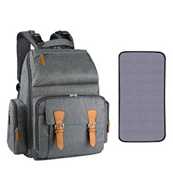 Estarer Baby Changing Backpack Bag with Changing Mat,Water Resistant Diaper Bag Large Nappy Rucksack for Pram Grey
