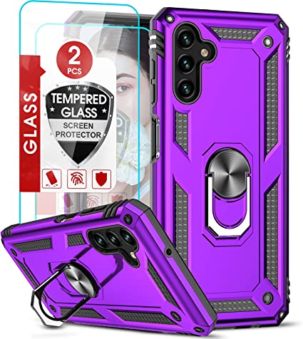 LeYi Compatible with Galaxy A13 Case, Samsung A13 5G Case with [2 Pack] Tempered Glass Screen Protectors, [Military-Grade] Magnetic Ring Kickstand Phone Cases for Samsung Galaxy A13 5G, Purple