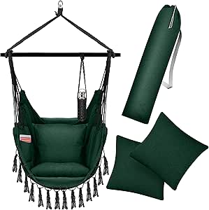 KESSER® Hängesessel mit 2 Kissen Getränkehalter & Bücherfach, Safari XXL Hängestuhl für Erwachsene & Kinder Hängematte bis 150 kg Hängesitz Aufhängung Indoor & Outdoor Wohn, Garten Terrasse Dunkelgrün