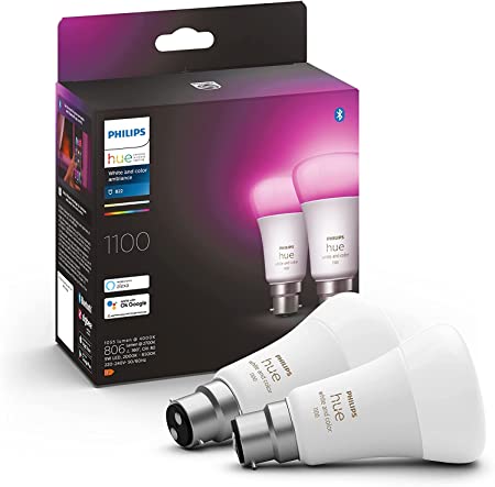 Philips Hue White & Colour Ambiance Smart Bulb Twin Pack LED [B22 Bayonet Cap] - 1100 Lumens (75W Equivalent). Works with Alexa, Google Assistant and Apple Homekit