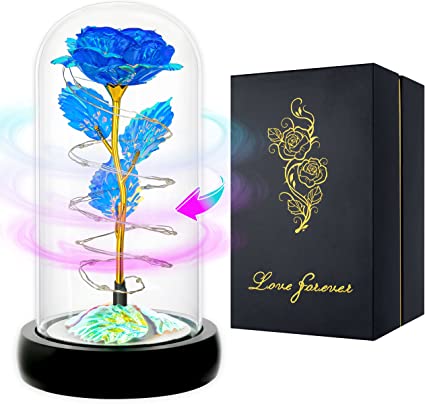 Rotating Gifts For Women,Mom Gifts For Her,Blue Swirling Roses from Daughter,Light Up Roses in Glass Dome,Spin Rose Birthday Gift for Women,Glass Rose Flower Gift for Mother,Mom,Valentines,Anniversary