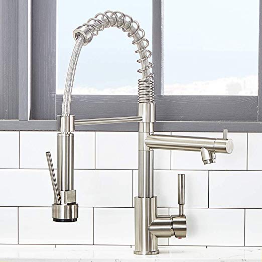 VCCUCINE Modern Solid Brass Single Lever High Arch 2 Spouts Pull Out Sprayer Brushed Nickel Kitchen Faucet, Stainless Steel Kitchen Sink Faucets