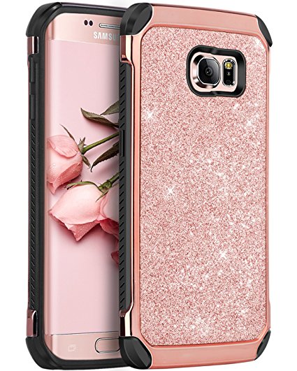 Galaxy S6 Edge Case, S6 Edge Case, BENTOBEN 2 in 1 Luxury Glitter Bling Hybrid Slim Hard Covers Sparkly Shiny Faux Leather Chrome Shockproof Protective Case for Samsung Galaxy S6 Edge, Rose Gold