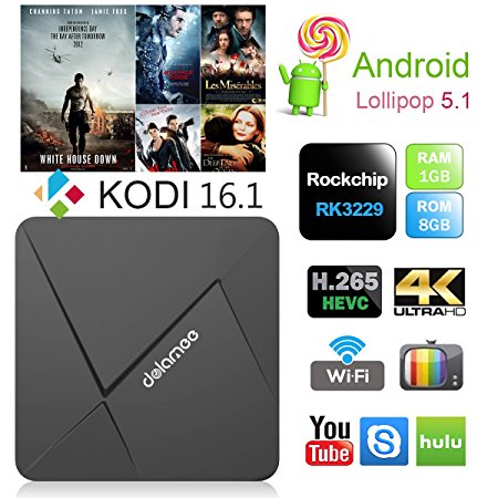 DOLAMEE Android 5.1 TV Box Rockchip RK3229 Quad-core Kodi 16.1 Fully Loaded 1GB RAM 8GB ROM 4K Mini PC Media Player with WIFI HDMI 2.0