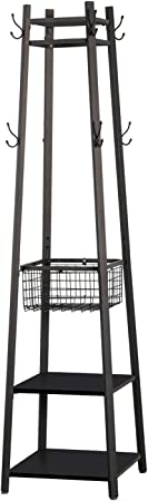 VECELO Industrial Coat Rack,Enterway Clothes Stand with 2 Tier Storage Shelves and Metal Basket,Upgrade Hall Trees with 8 Dual Hooks,Black