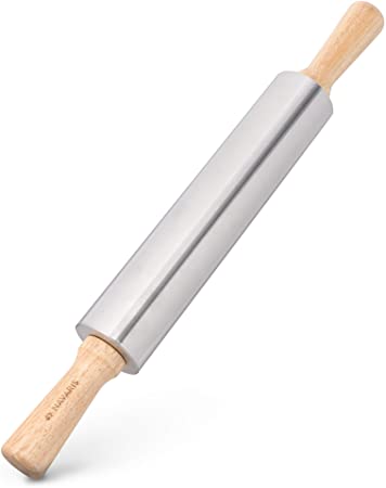 Navaris Stainless Steel Rolling Pin - Non Stick Steel Rolling Pin with Wooden Handles for Baking, Cooking, Cookies, Biscuits, Pizzas, Dough, Pastry