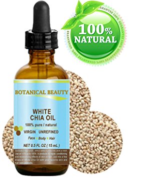 WHITE CHIA OIL. 100% Pure/ Natural Cold Pressed Carrier Oil. 0.5 fl.oz-15 ml. For Skin, Hair, Lip and Nail Care. “A remarkable and stable source of omega-3, 6 & 9, B-vitamins and minerals”.