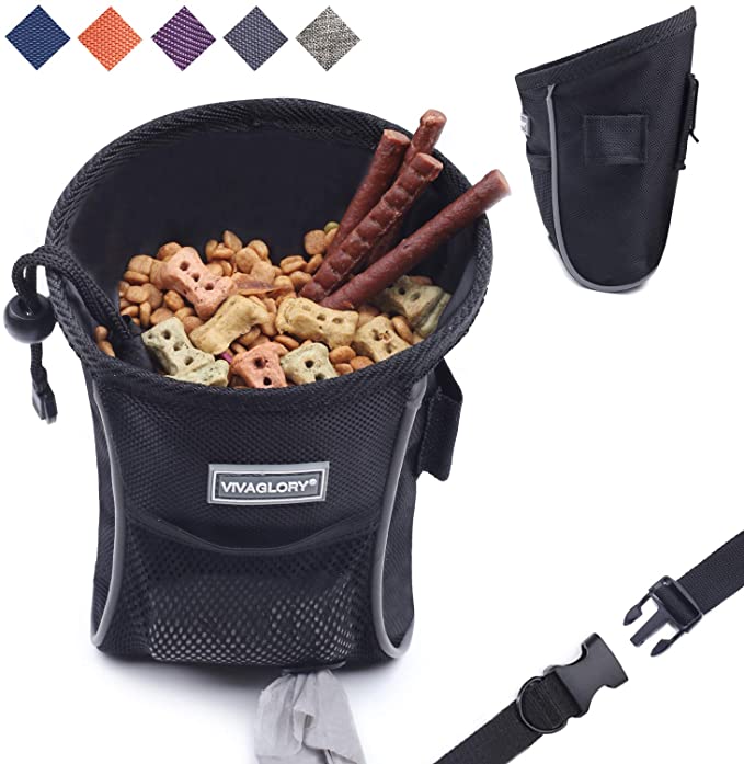 VIVAGLORY Sports Style Dog Treat Bag, Enlarged Opening Dog Training Treat Bag with Detachable Waistband, Poop Bag Dispenser, Convenient to Carry Treats, Kibbles, Pet Toys, Black
