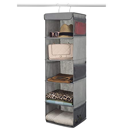 Premium Hanging Storage Organiser, 5 Shelf, 6 Pockets -Tear-Proof, Dust-Proof Fabric- Super Easy Assembly, Collapsible Hanging Shelves Wardrobe Closet Organiser for Clothes, Shoes, Laundry Accessories